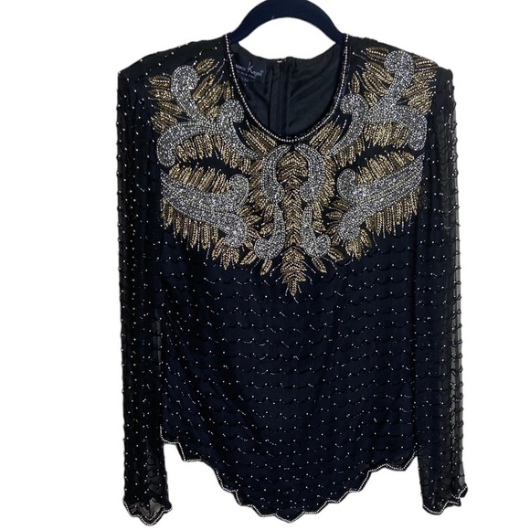 NWT Laurence Kazar Vintage Sequin Beaded Silk Top Black Gold - Picture 1 of 8